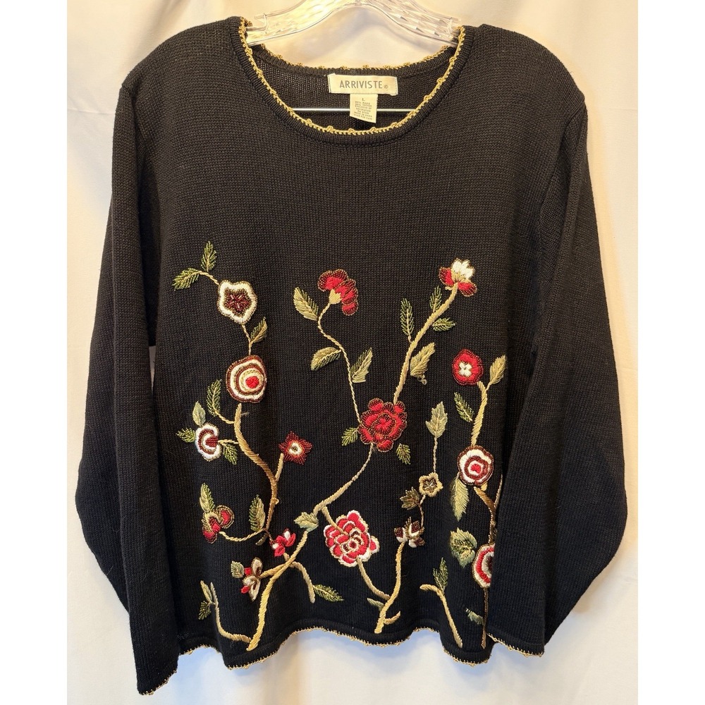 Vintage Arriviste Large Floral Embroidered Beaded Sweater Black Red Cottagecore